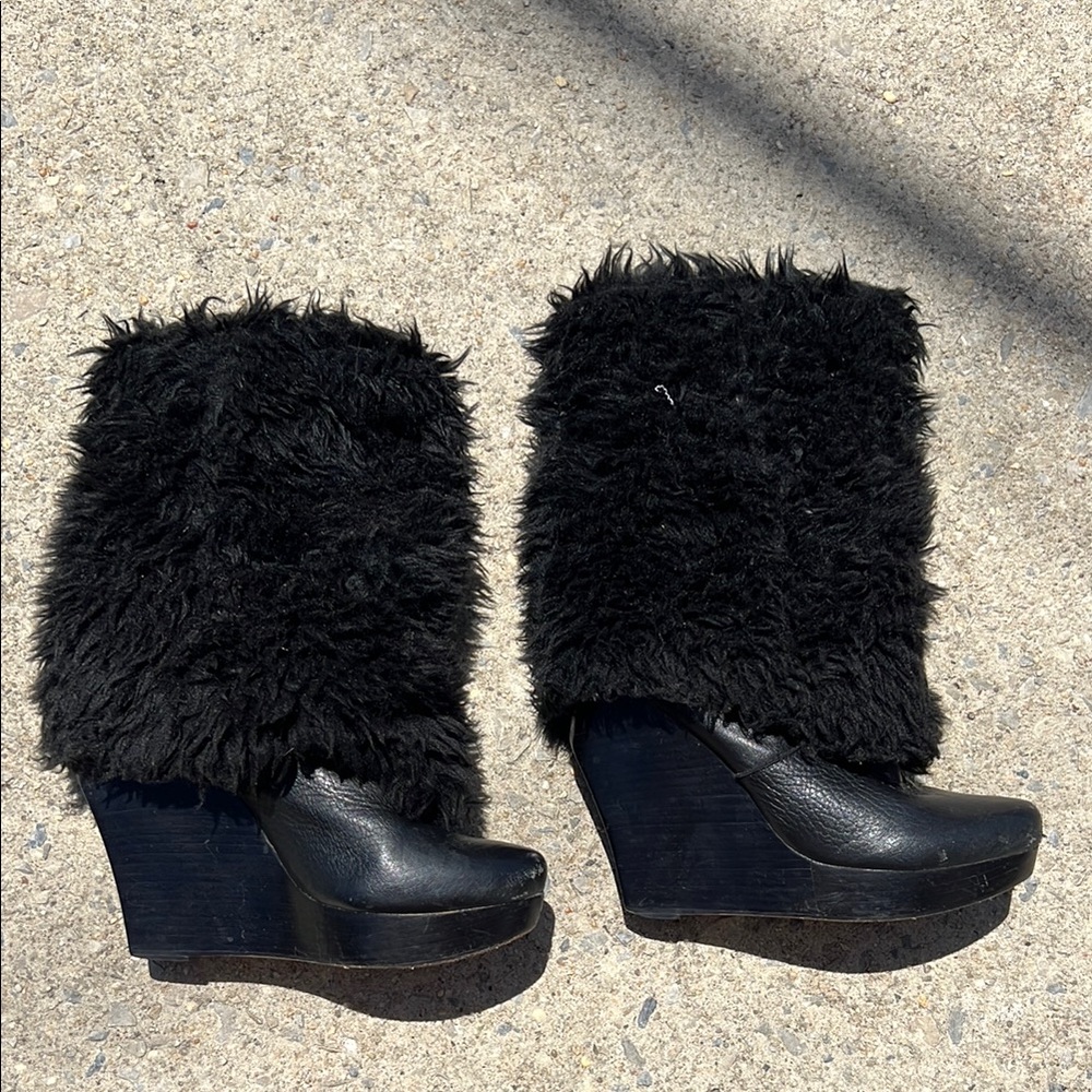Black Wedge Boots with Faux Fur Trim